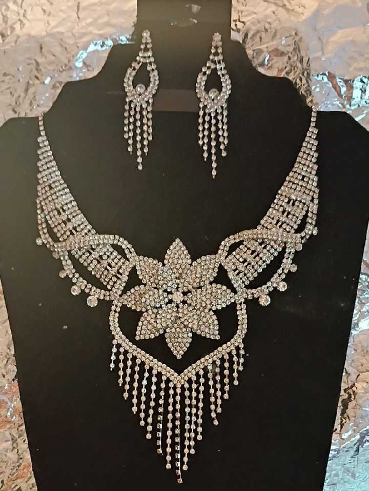 Crystal Statement Necklace And Earring Set  Silver Tone
